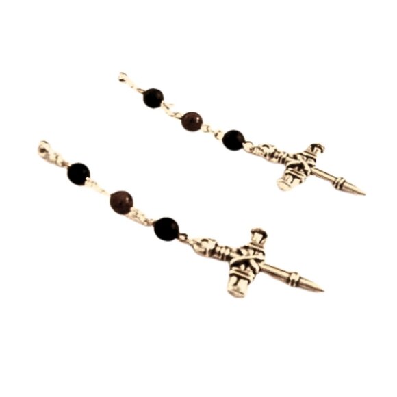 STEEL CROSS BEADED EARRINGS - Picture 1 of 3
